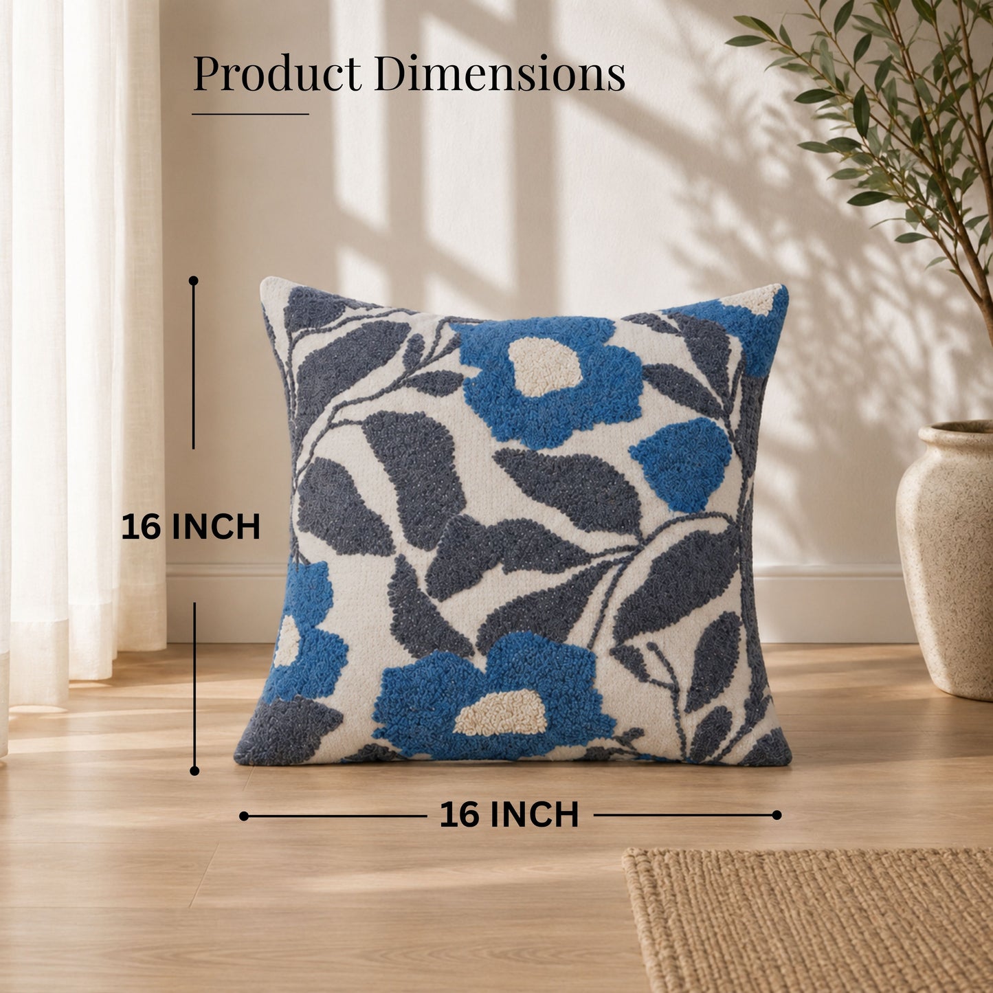 HOKIPO Abstract Floral Tufted Cushion Cover 16x16 Inch for Sofa, Blue & Grey