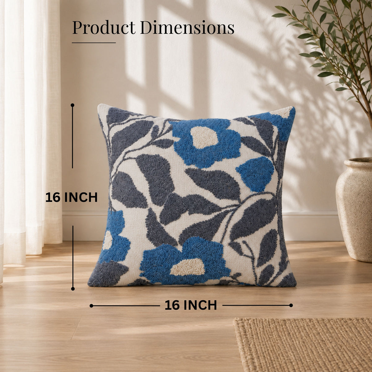 HOKIPO Abstract Floral Tufted Cushion Cover 16x16 Inch for Sofa, Blue & Grey