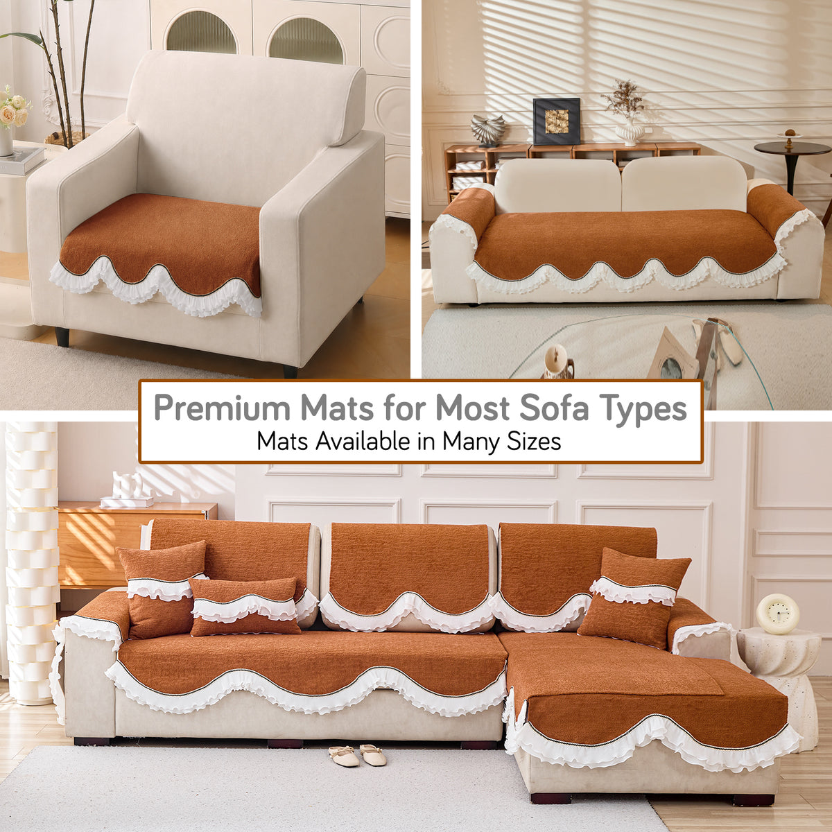 French Classic Frill Wavy Sofa Cover Mat, Copper Orange