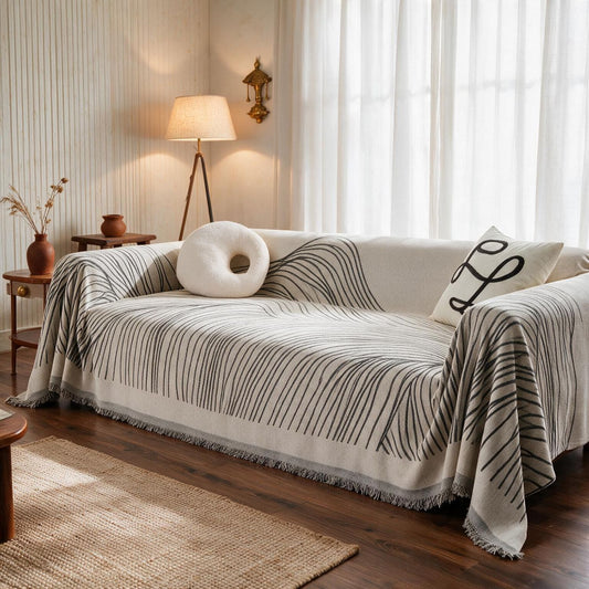 Midnight Black Printed Chenille Sofa Throw | All-Season & Anti-Slip Cover