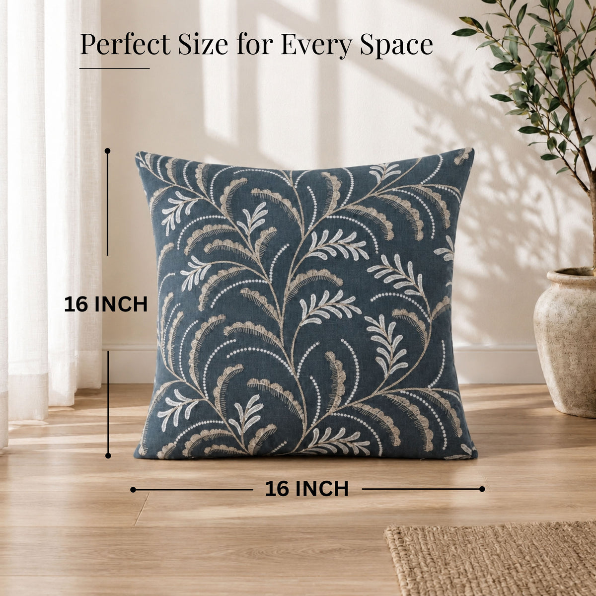 HOKIPO Leaf Trail Embroidered Cushion Cover 16x16 Inch, Charcoal