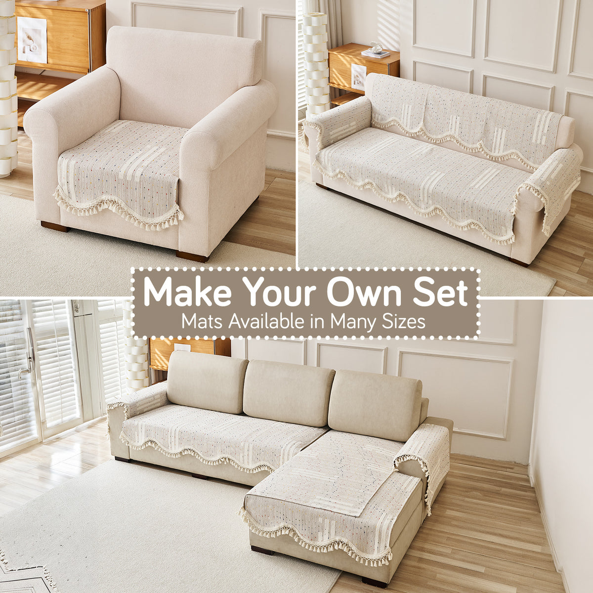 DreamWave Chenille with Tassels Sofa Cover Mat, Pastel Sand