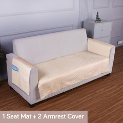 Quilted Sofa Cover Mat with 2 Armrest Covers Pockets, Beige