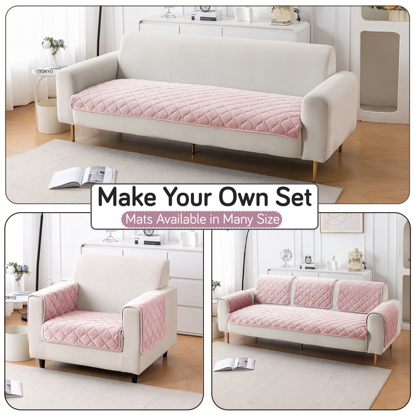 Diamond Tuft Plush Sofa Cover Mat, Blush Pink
