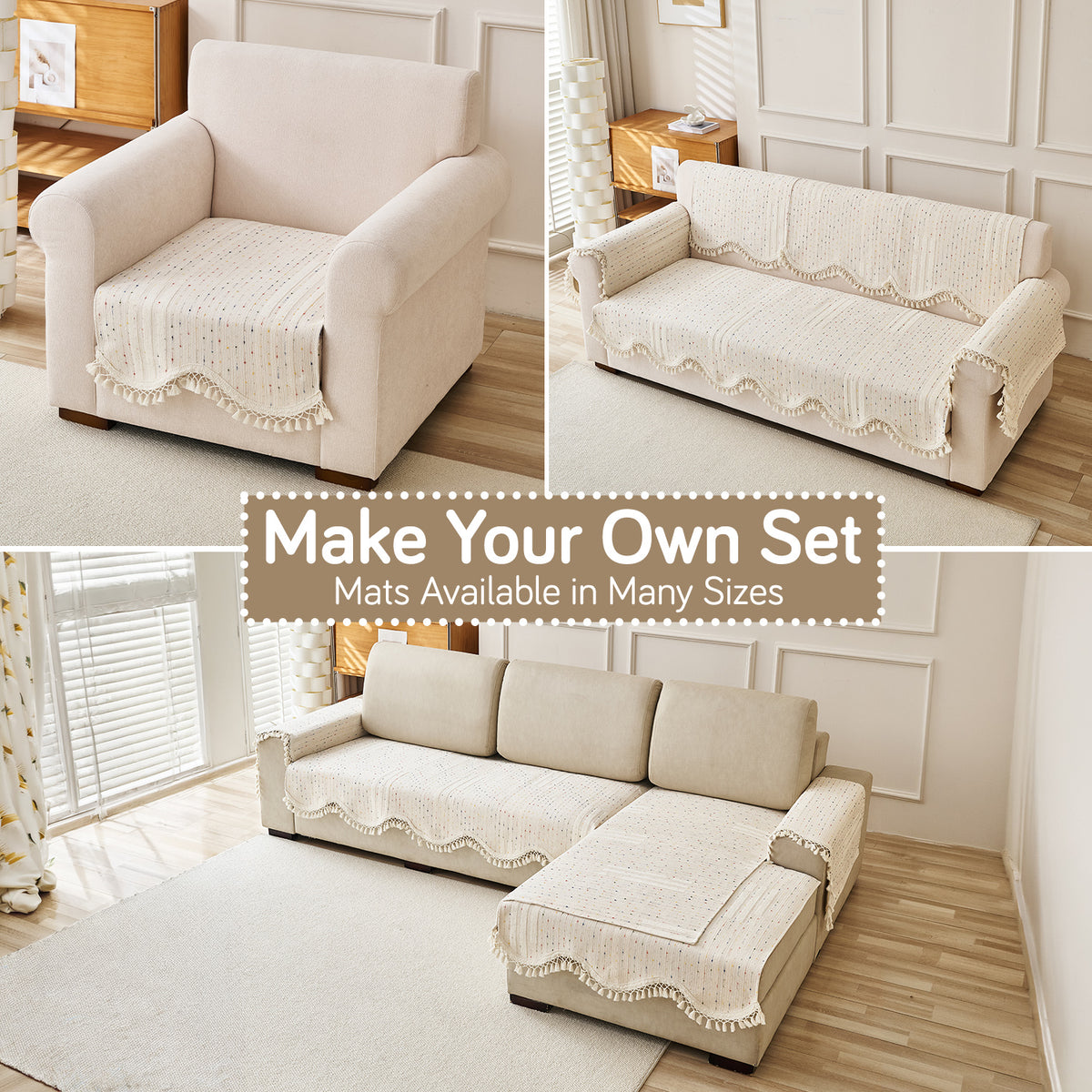 DreamWave Chenille with Tassels Sofa Cover Mat, Latte Beige