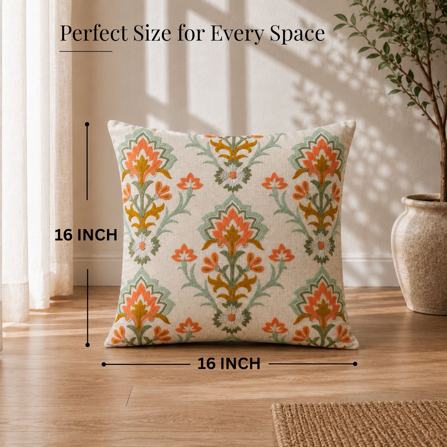 HOKIPO Heritage Bloom Embroidered Cushion Cover 16x16 in, Orange & Ivory