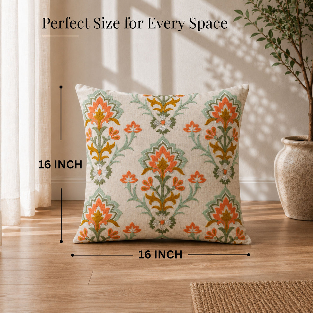 HOKIPO Heritage Bloom Embroidered Cushion Cover 16x16 Inch, Orange & Ivory