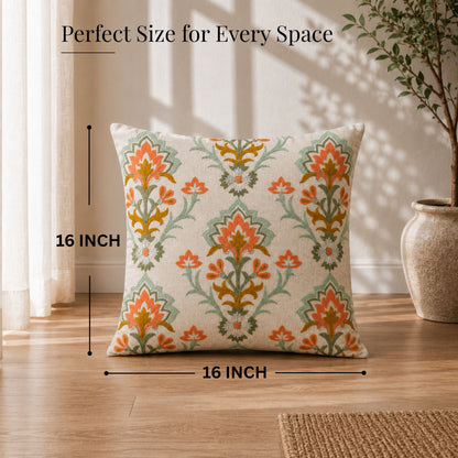 HOKIPO Heritage Bloom Embroidered Cushion Cover 16x16 in, Orange & Ivory