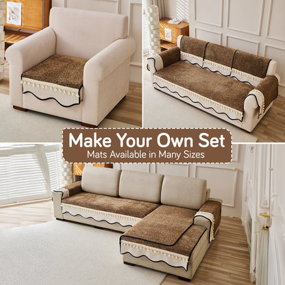 'Wavy Royale Series' Thick Woven Weave Chenille Sofa Cover with Tassel, Chestnut Brown
