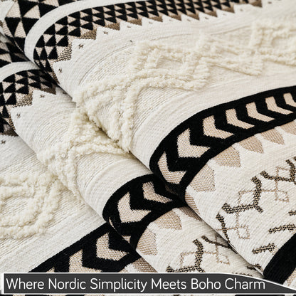 Nordic Boho Geometric Sofa Cover Mat with Tassel, 'Nordic Tassel Series'  Aurora Black
