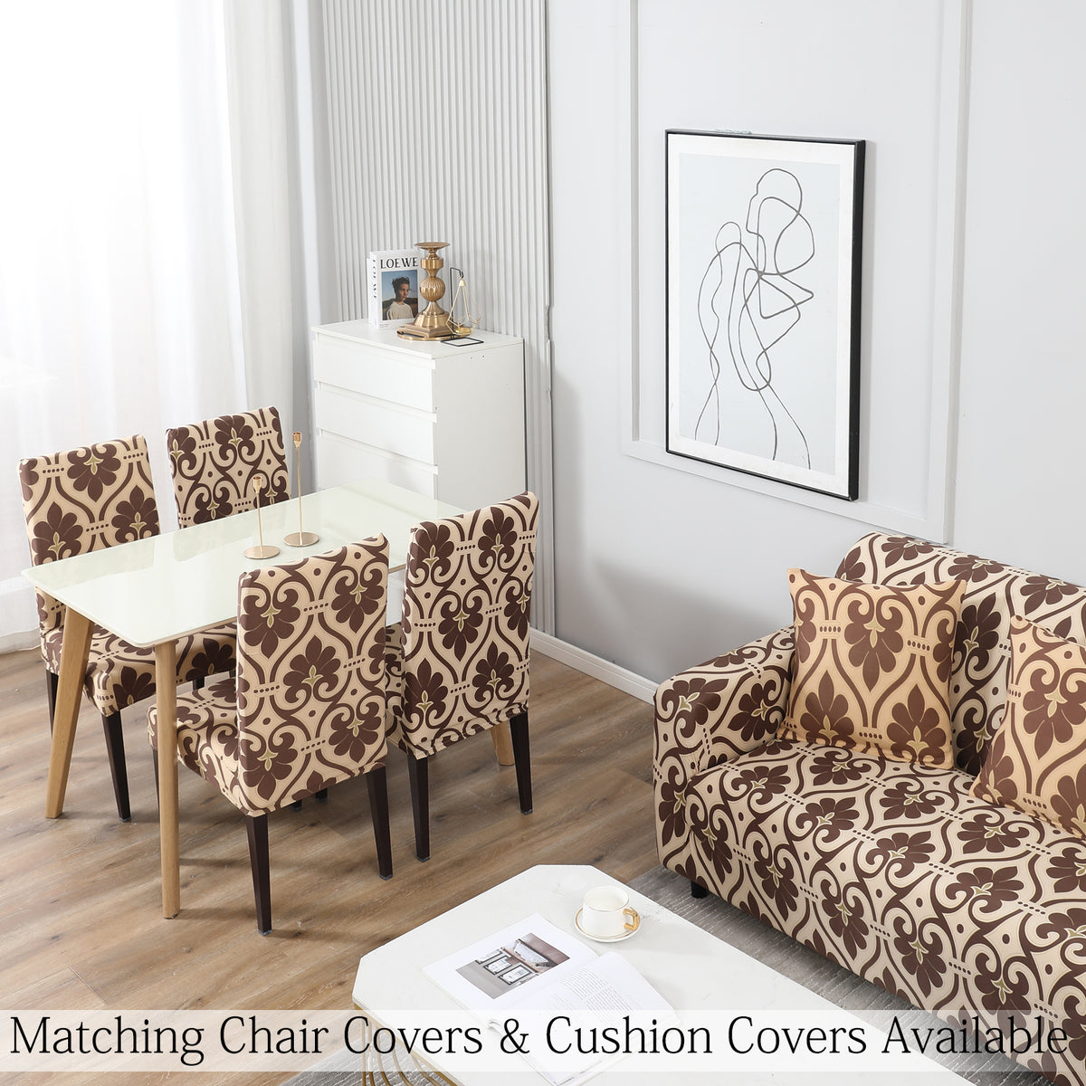 Buy Beige Damask Printed Matching elastic cushion & covers for chairs and sofas