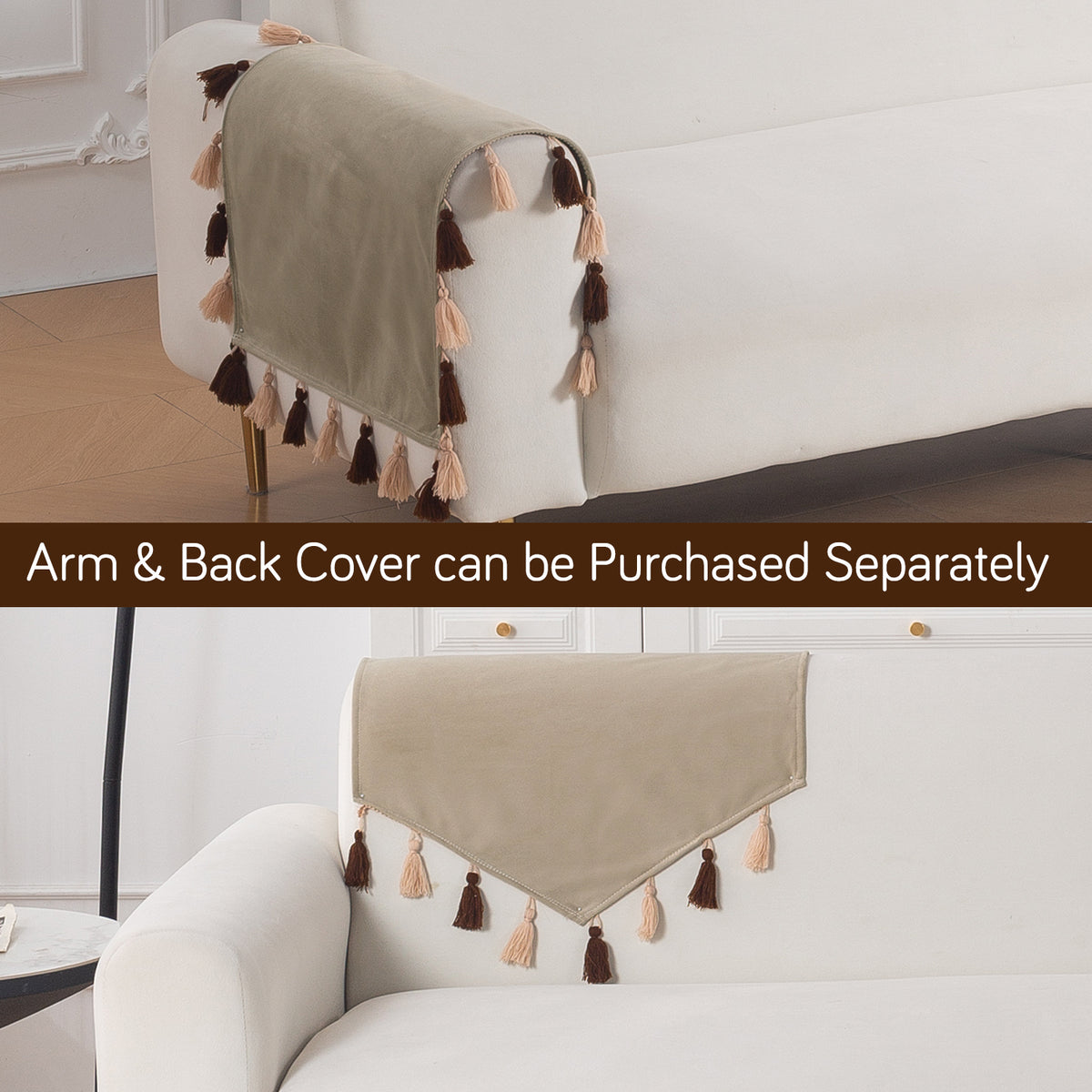 Tassel Tone Holland Velvet Sofa Cover Mat, Sand Beige