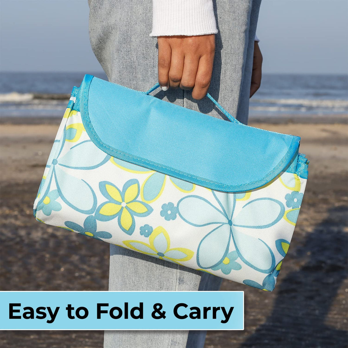 Foldable Waterproof and Sandproof Picnic Mat Blanket, Floral Blue