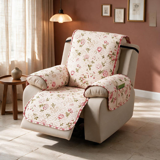 Quilted Cover for Recliner Sofa with SecureFit Belt & Side Pocket, Beige Peonies