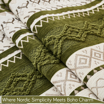 Nordic Boho Geometric Sofa Cover Mat with Tassel, 'Nordic Tassel Series'  Olive Meadow