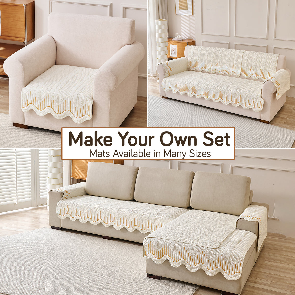 Cotton Reverie with a Curved Wavy Edge Sofa Mat, Golden Cream Bloom