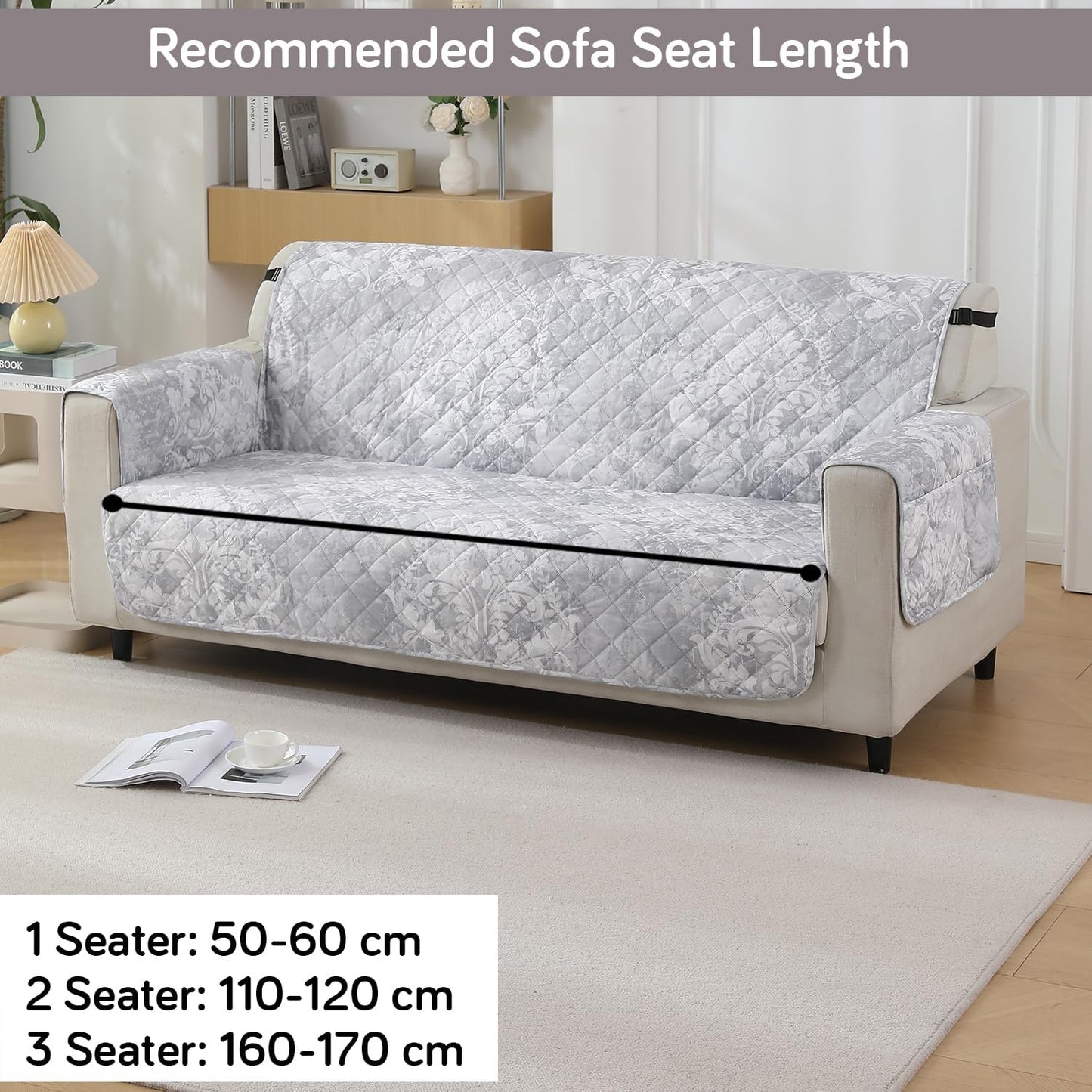 HOKIPO Quilted Waterproof Sofa Cover Mat with Pockets on Armrest Cover - Motifs Cloud Grey