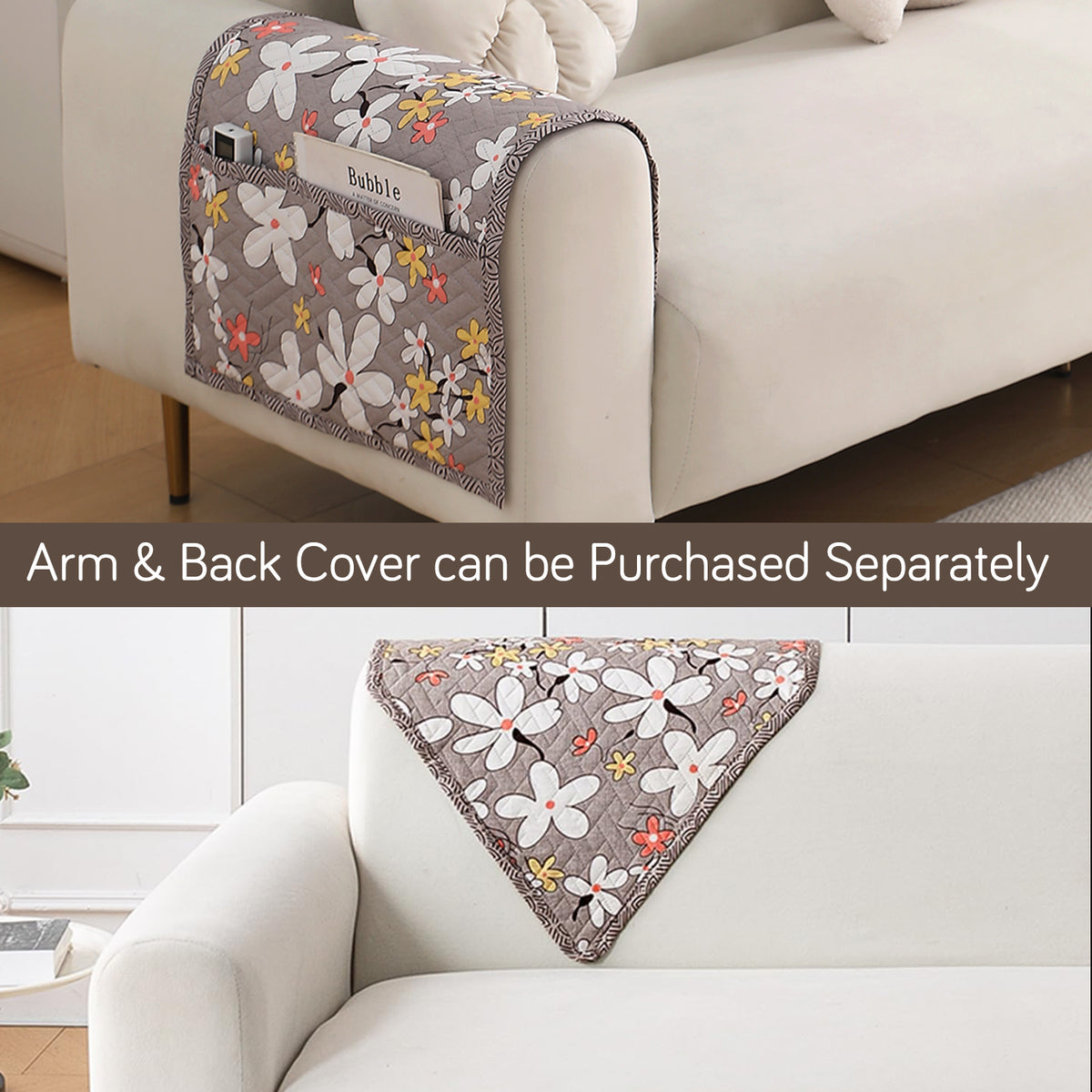 'Homehues' Printed Quilted Sofa Cover Mats, Pastel Brown Sandwort Flower