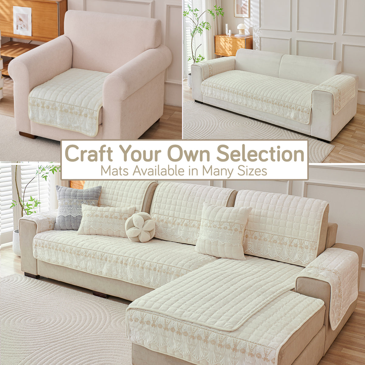 BelleLace Series Premium Imperial Milk Velvet Sofa Cover Mat with Lace Design -  Pearl White