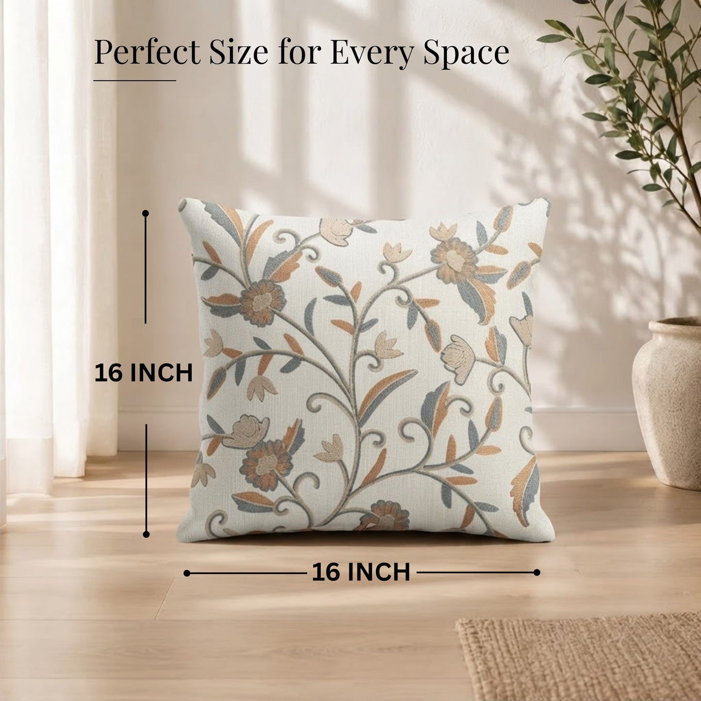 HOKIPO Floral Embroidered Cushion Cover 16x16 in, Ochre & Ivory