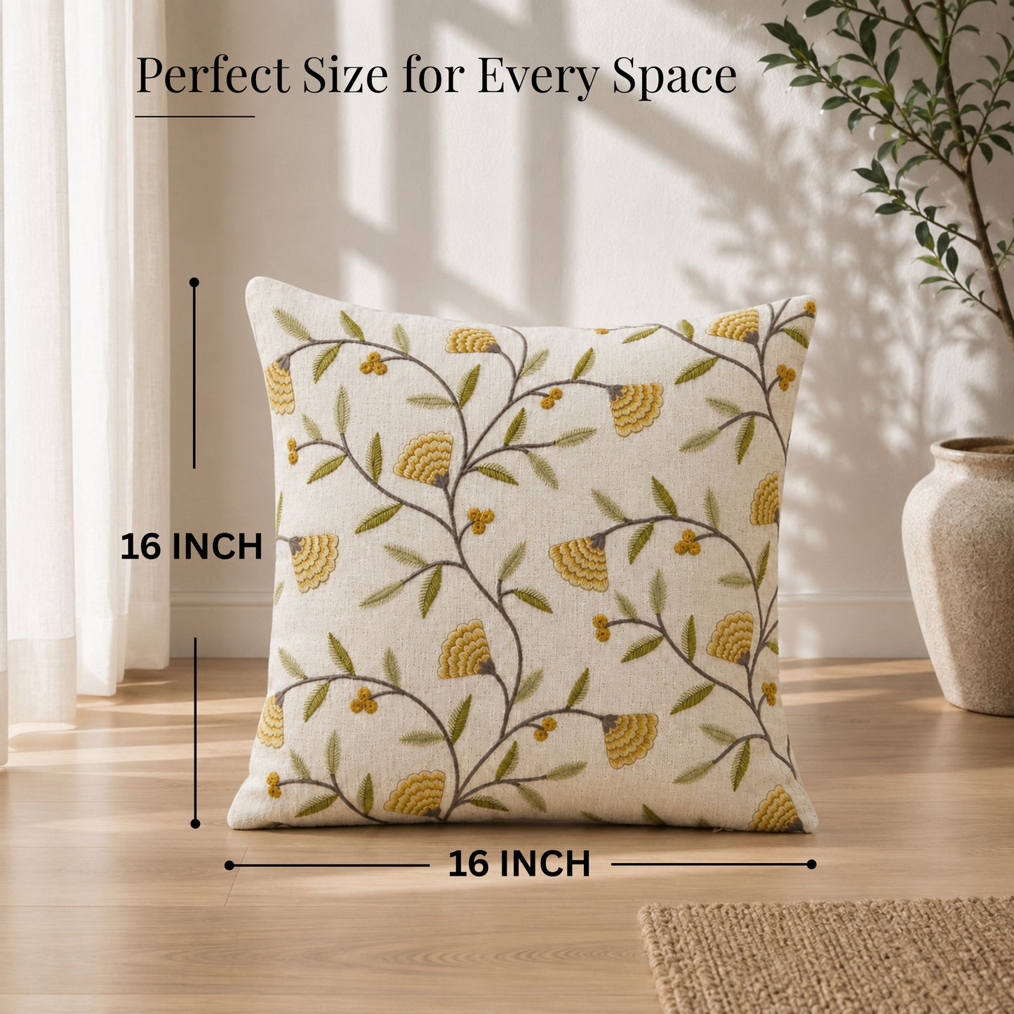 HOKIPO Botanical Embroidered Cushion Cover 16x16 in, Mustard