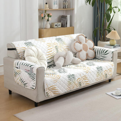 Quilted Waterproof Sofa Cover Mat with Pockets on Armrest Cover - Palm Leaves Forest Green