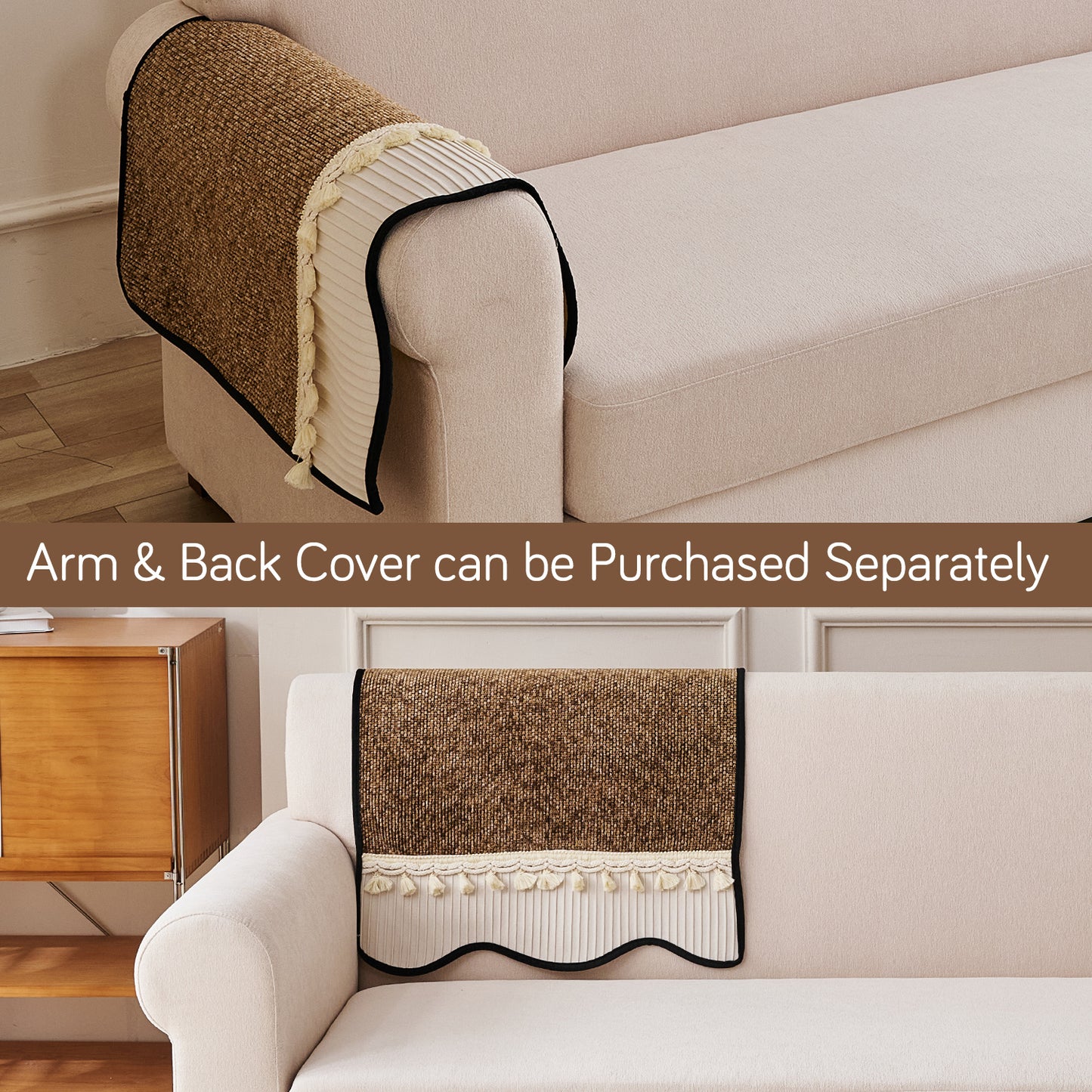 'Wavy Royale Series' Thick Woven Weave Chenille Sofa Cover with Tassel, Chestnut Brown