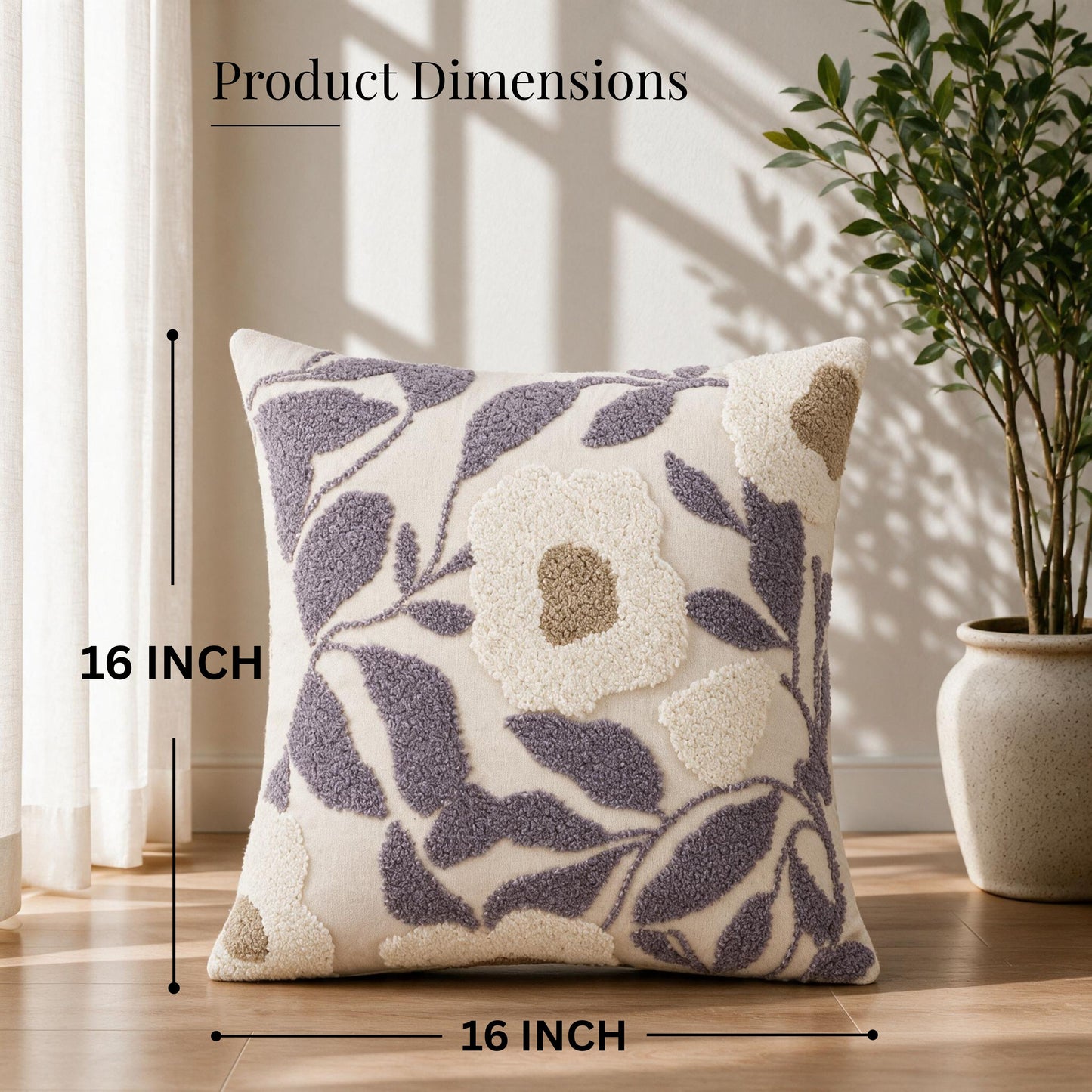 HOKIPO Abstract Floral Tufted Cushion Cover 16x16 Inch for Sofa, Lavender Grey & Ivory
