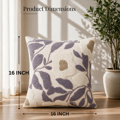 HOKIPO Abstract Floral Tufted Cushion Cover 16x16 Inch for Sofa, Lavender Grey & Ivory