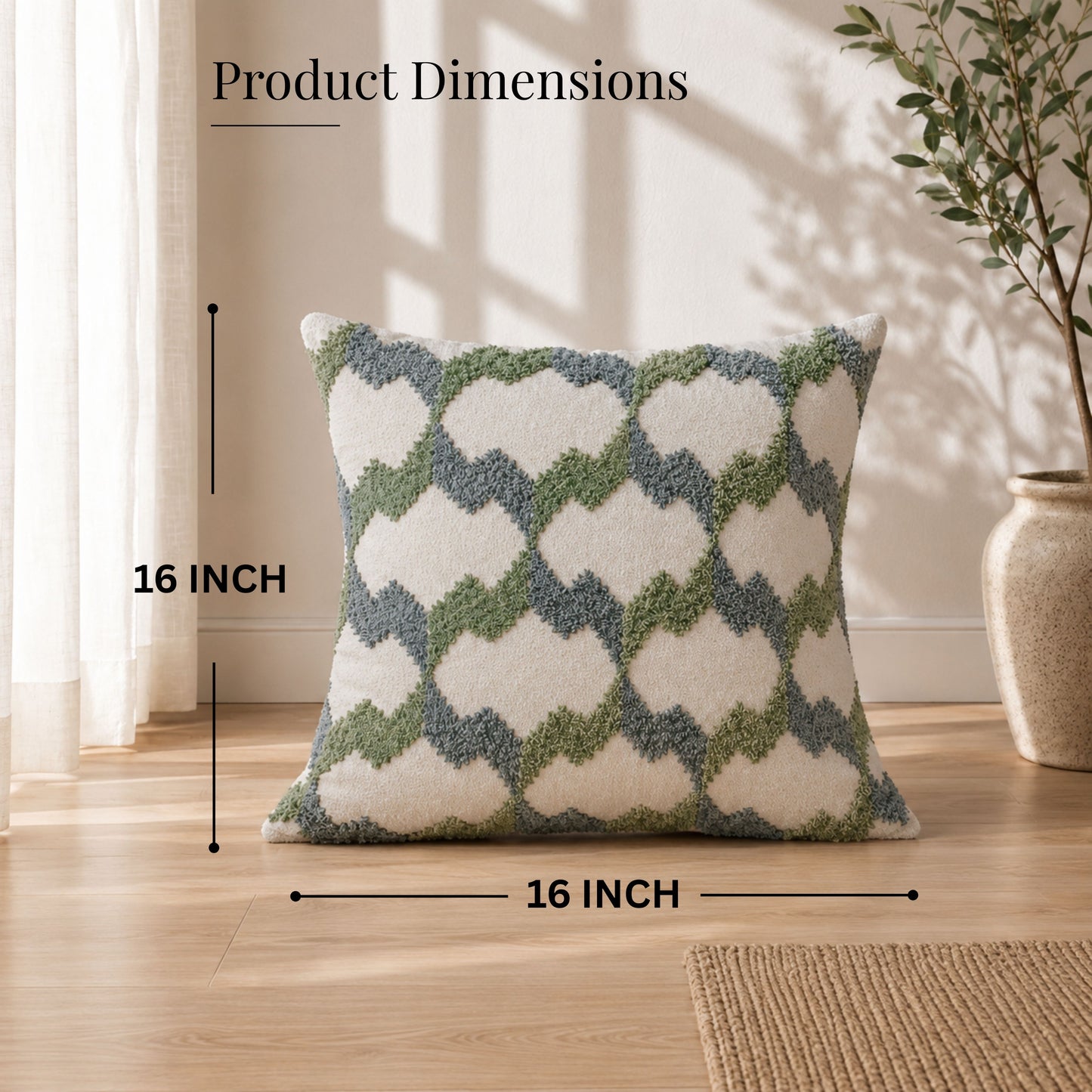 HOKIPO Embroidered Cushion Cover 16x16 Inch for Sofa, Green & Grey