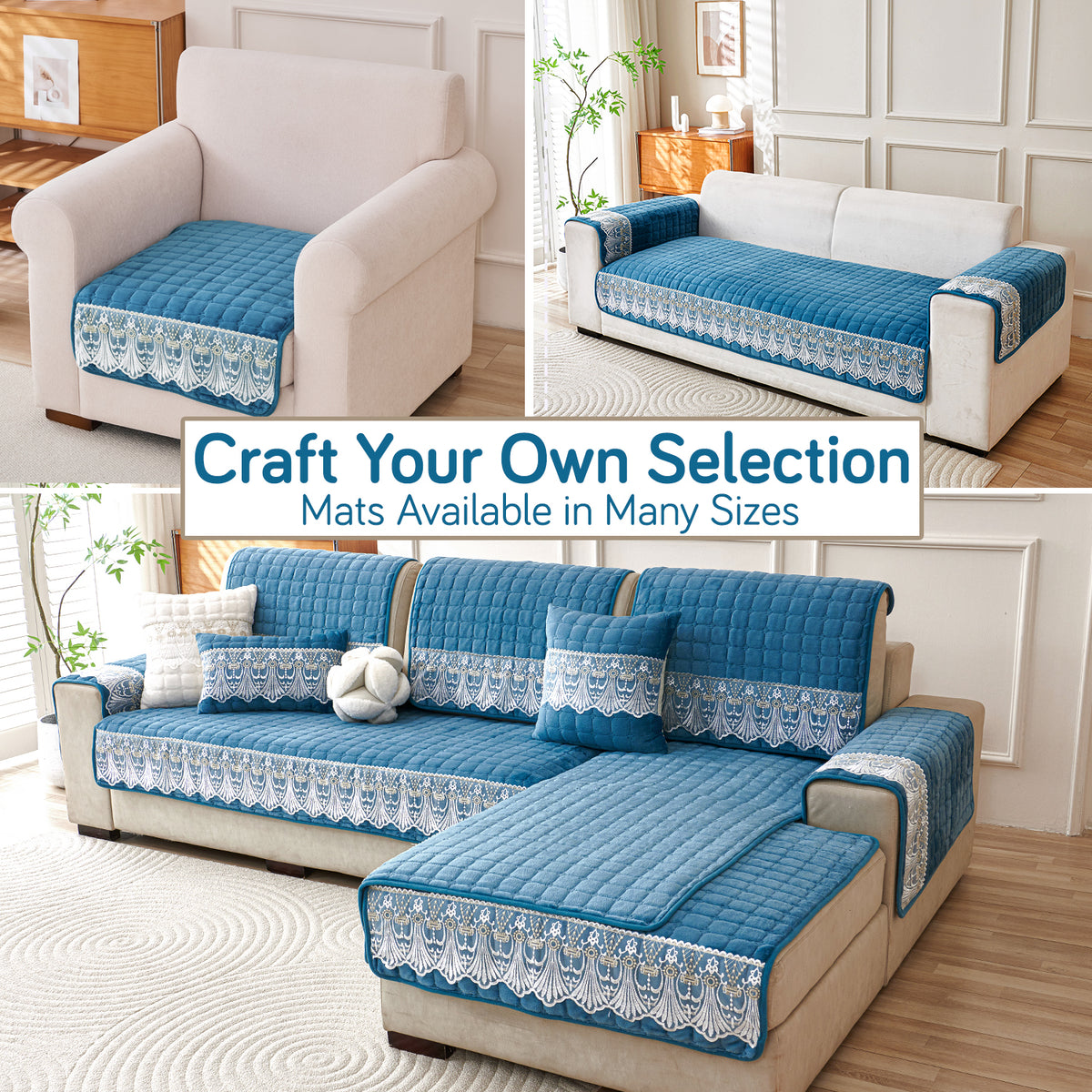BelleLace Series Imperial Milk Velvet Sofa Cover Mat with Lace Design - Celdaon Blue