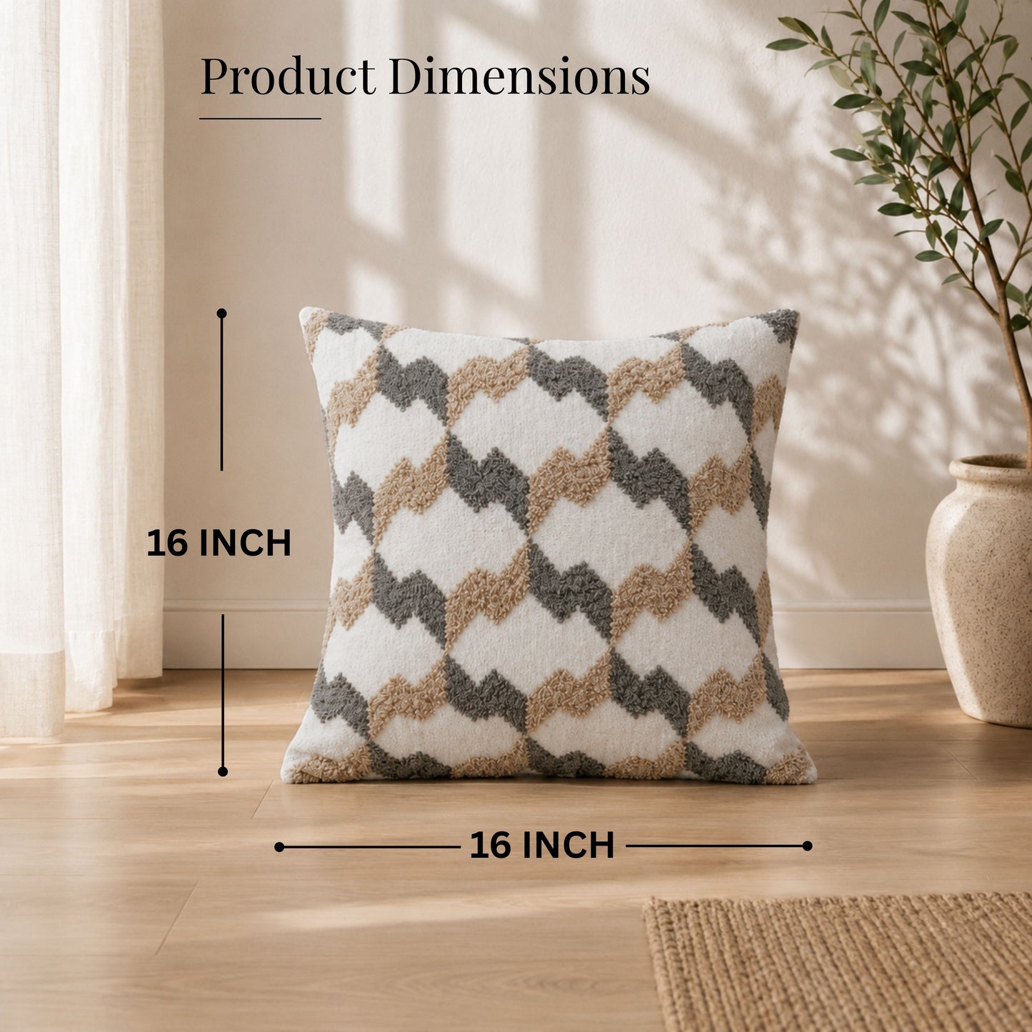 HOKIPO Embroidered Cushion Cover 16x16 Inch for Sofa, Beige & Charcoal