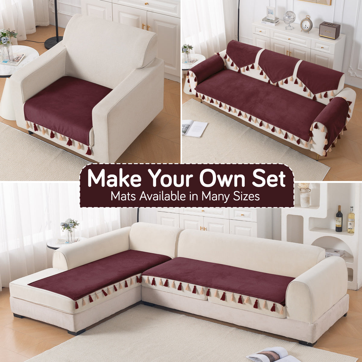 Tassel Tone Holland Velvet Sofa Cover Mat, Wine Red