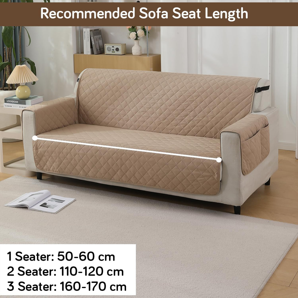Beige colour 3 seater quilted waterproof sofa mat | Hokipo