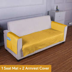 Quilted Sofa Cover Mat with 2 Armrest Covers Pockets, Yellow