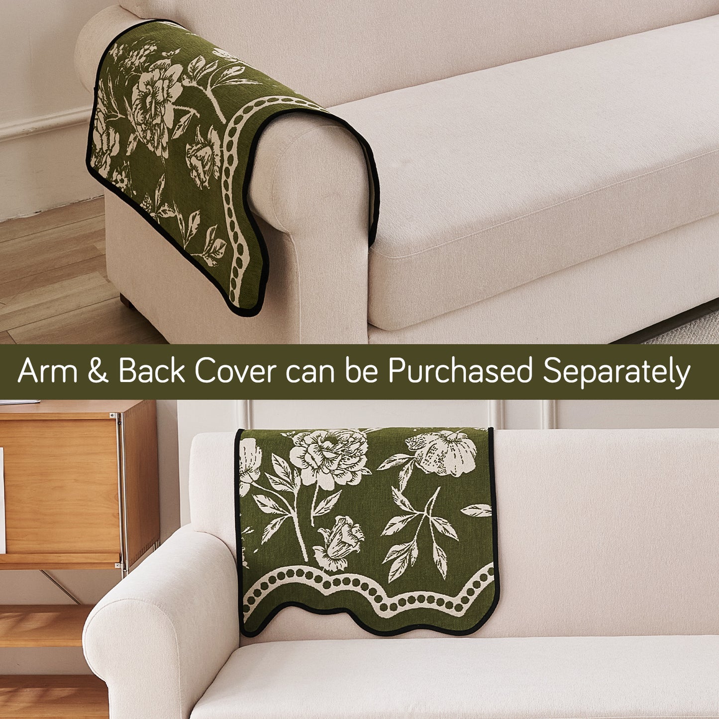 Chenille Sofa Cover Mat with Curvy Edges, 'Retro Curves Series' Sofa Mat, Olive Green