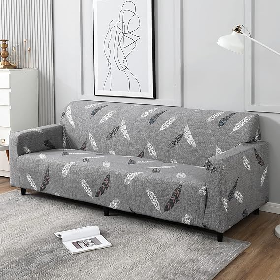 Grey colour feather print non slip stretchable 4 seater sofa cover
