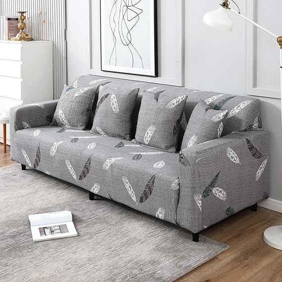 Grey colour feather print non slip stretchable 4 seater sofa cover
