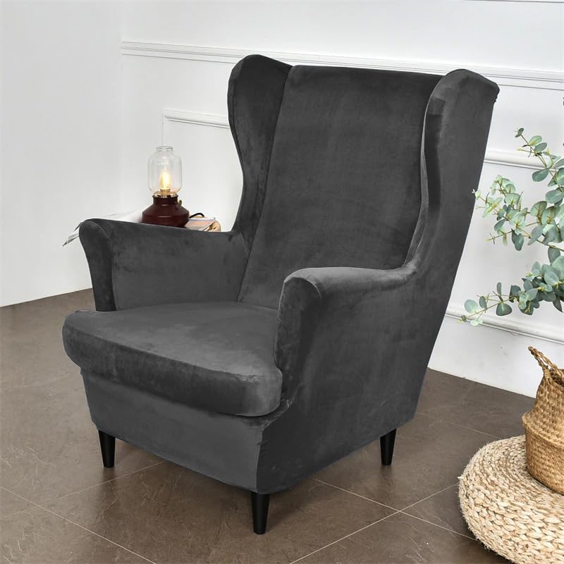 Dark Grey Stretchable and Elastic Premium Velvet Chair Covers for Wingback Chairs