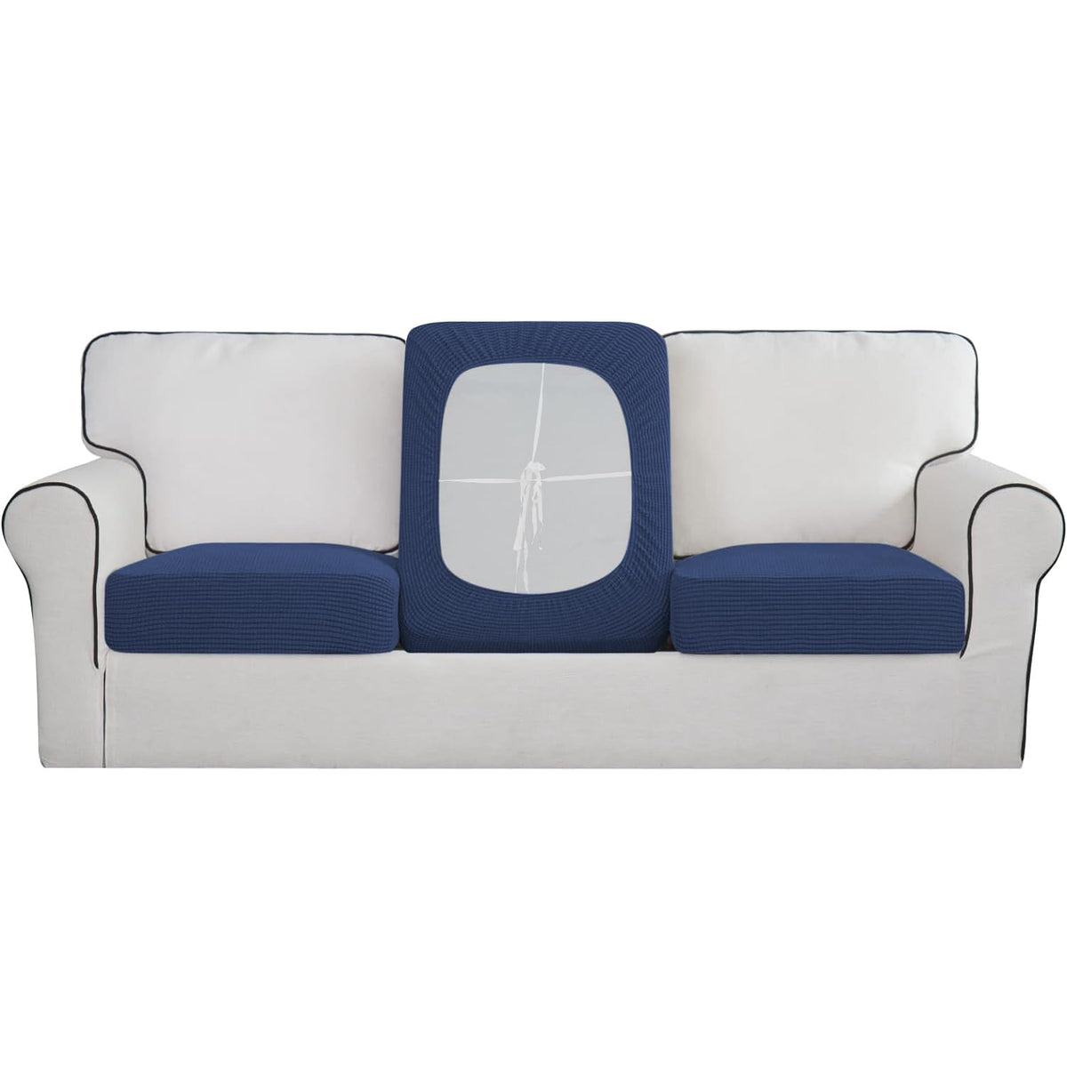 Stretchable Thick Jacquard Textured Seat Cushion Cover for 1/2/3 Seaters / Pieces for Sofa, Navy Blue