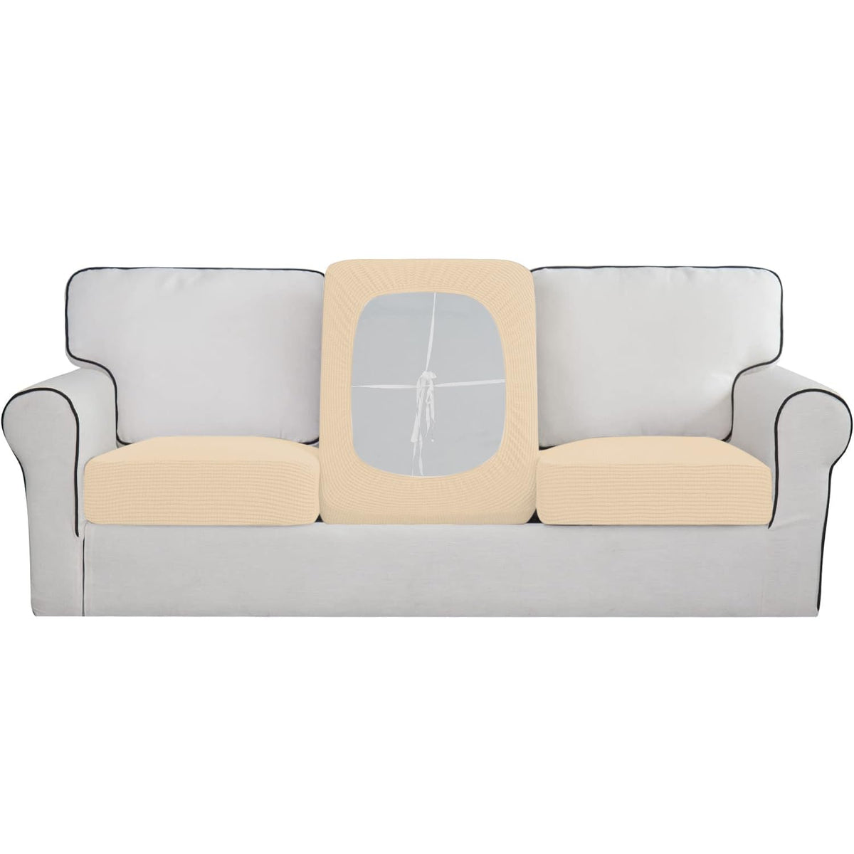 Stretchable Thick Jacquard Textured Seat Cushion Cover for 1/2/3 Seaters / Pieces for Sofa, Beige