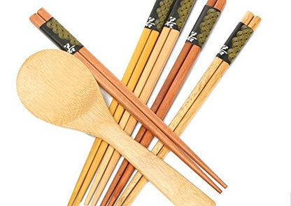 5 Pairs Wooden Bamboo Chopsticks with Rice Serving Spoon