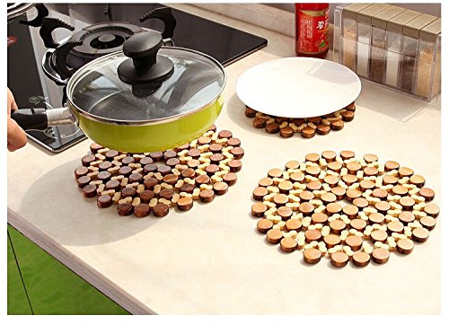 Buy Set of 2 round bamboo coasters protecting kitchen countertop from hot cookware | HOKIPO