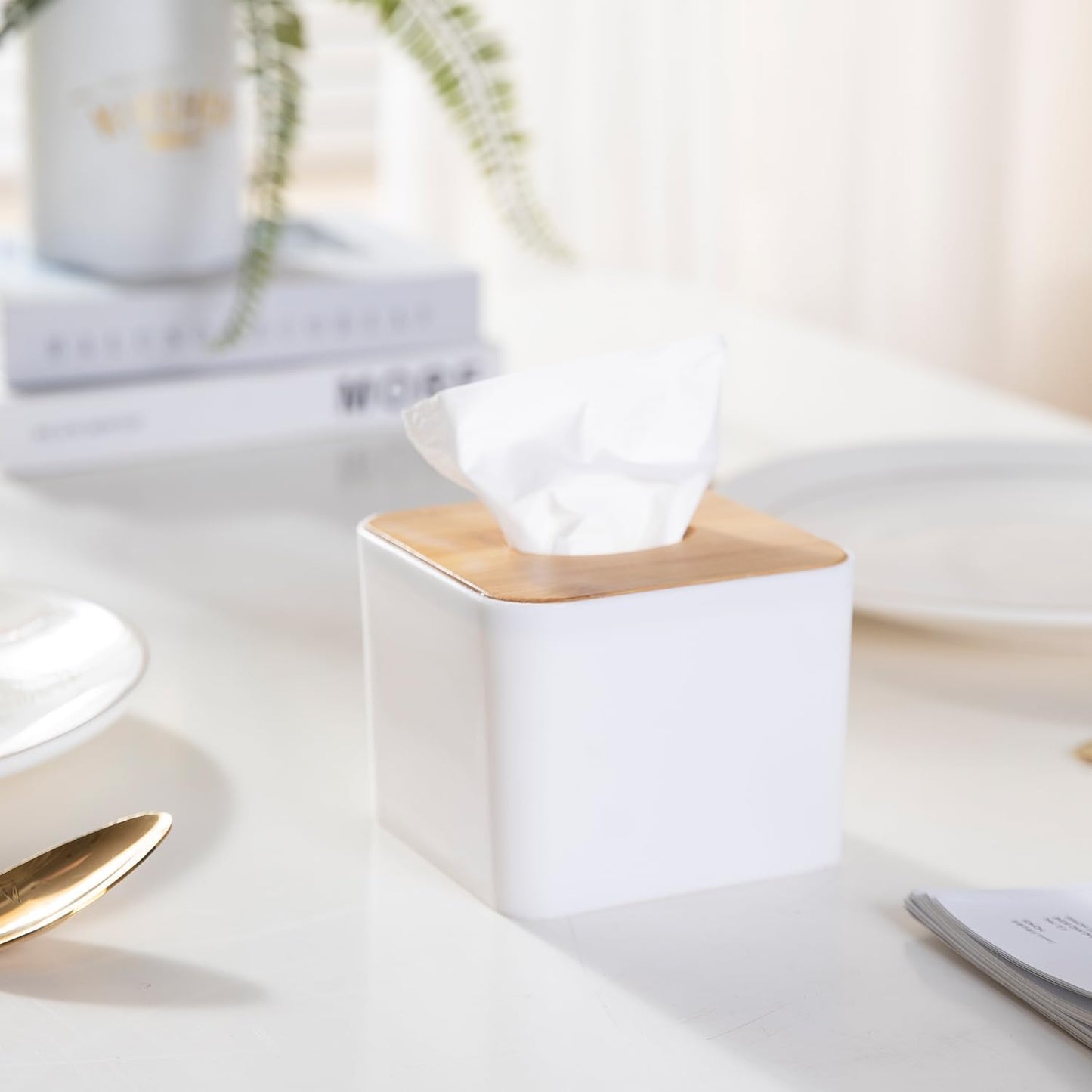 Square Bamboo Tissue Paper Holder, White