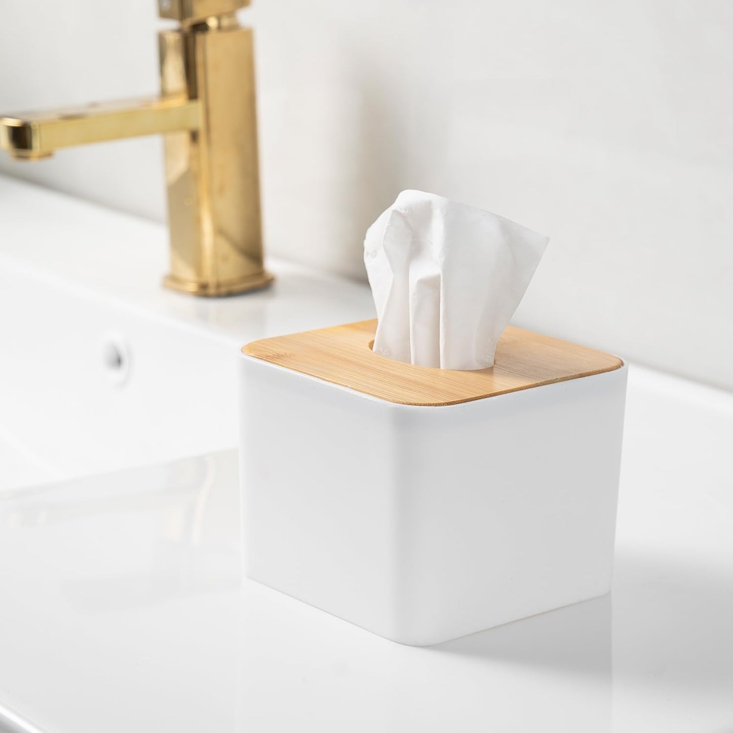 Square Bamboo Tissue Paper Holder, White