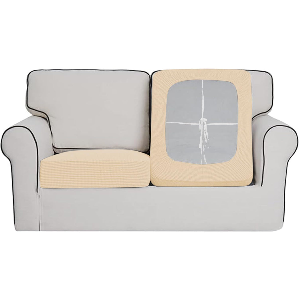 Stretchable Thick Jacquard Textured Seat Cushion Cover for 1/2/3 Seaters / Pieces for Sofa, Beige