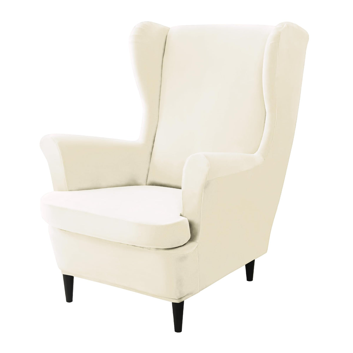 Beige Elastic Velvet Wing Chair Covers