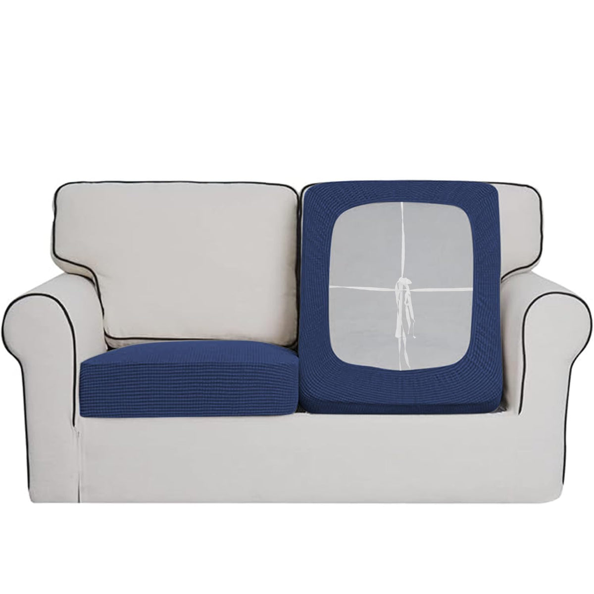 Stretchable Thick Jacquard Textured Seat Cushion Cover for 1/2/3 Seaters / Pieces for Sofa, Navy Blue