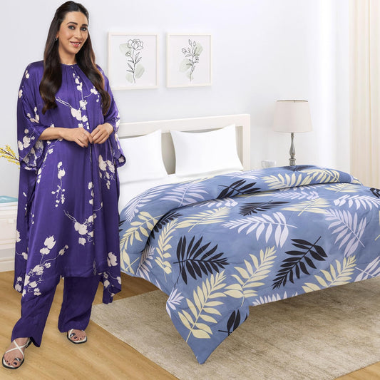 Frost Blue Pinnate Leaves Double Bed Comforter | HOKIPO