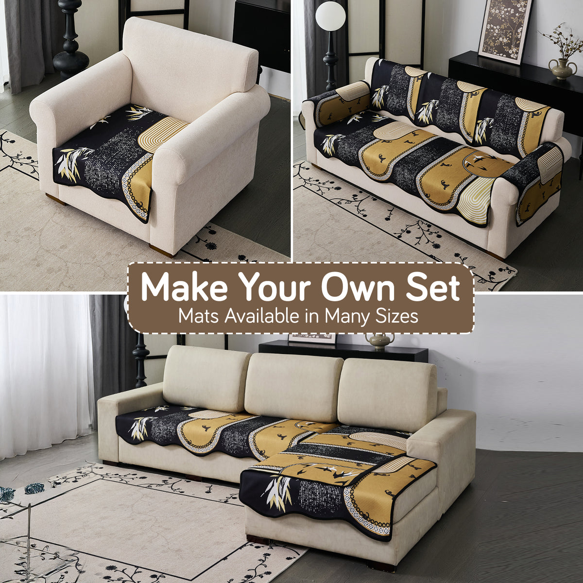 Arcea Chenille With Curved Edges Sofa Cover Mat, Mustard Gold Tribal